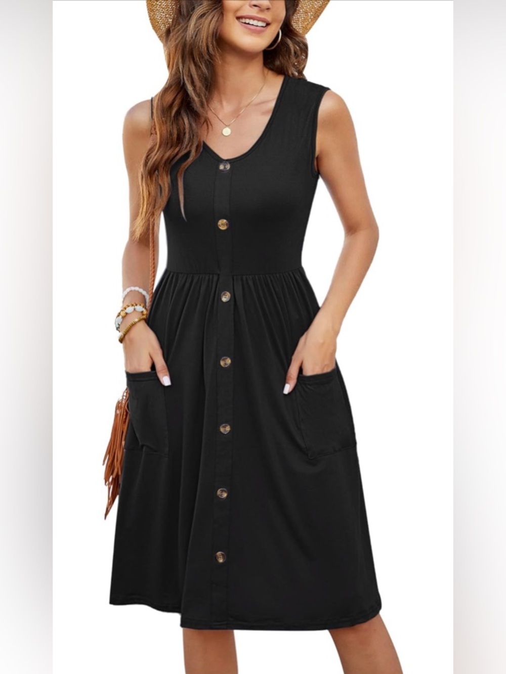 Molerani Sleeveless Casual Button Down Midi Swing Dress with Pockets